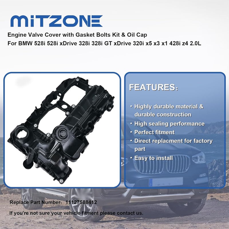 MITZONE N20 Engine Valve Cover with Gasket Bolts Oil Cap for BMW 2012-2018 528i 528i xDrive 328i 328i GT xDrive 320i 428i X1 X3 X4 X5 Z4 2.0L Replace 11127588412 - Image 4