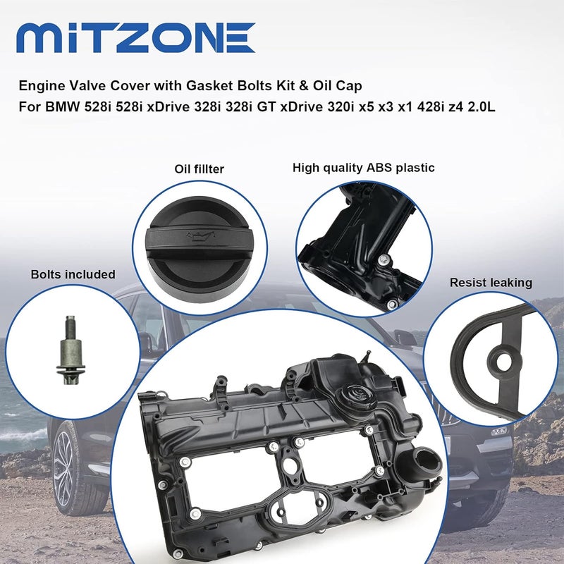 MITZONE N20 Engine Valve Cover with Gasket Bolts Oil Cap for BMW 2012-2018 528i 528i xDrive 328i 328i GT xDrive 320i 428i X1 X3 X4 X5 Z4 2.0L Replace 11127588412 - Image 5