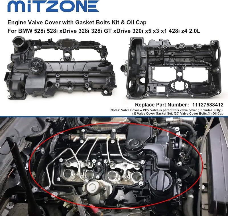 MITZONE N20 Engine Valve Cover with Gasket Bolts Oil Cap for BMW 2012-2018 528i 528i xDrive 328i 328i GT xDrive 320i 428i X1 X3 X4 X5 Z4 2.0L Replace 11127588412 - Image 3