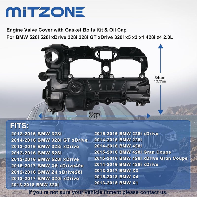 MITZONE N20 Engine Valve Cover with Gasket Bolts Oil Cap for BMW 2012-2018 528i 528i xDrive 328i 328i GT xDrive 320i 428i X1 X3 X4 X5 Z4 2.0L Replace 11127588412 - Image 2