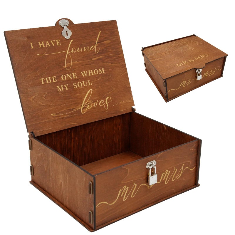 OurWarm Wedding Keepsake Box with Lock, Large Wooden Memory Box for Keepsakes, Wood Decorative Photo Storage Boxes with Lids, Mr and Mrs Personalized Anniversary Engagement Gifts for Couples - Image 1