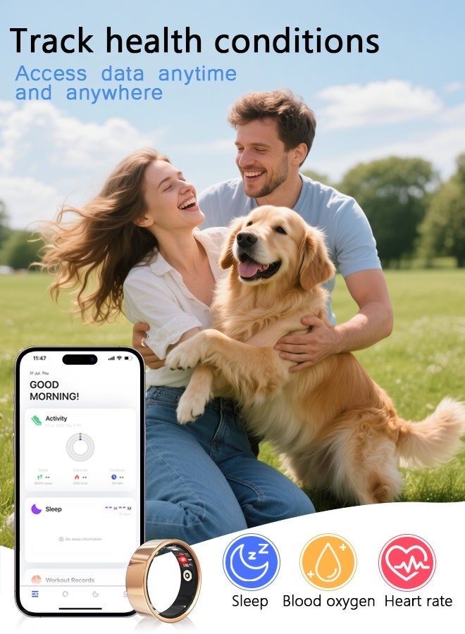 خاتم ذكي، جهاز تتبع الصحة للرجال والنساء، جهاز تتبع اللياقة البدنية مع قياس معدل ضربات القلب، ونسبة الأكسجين في الدم، ومراقبة النوم، والسعرات الحرارية، وعداد الخطوات، خاتم ذكي مقاوم للماء بمعيار IP68 لأجهزة iPhone وAndroid، بدون رسوم اشتراك (ذهبي، 11#) - Image 2
