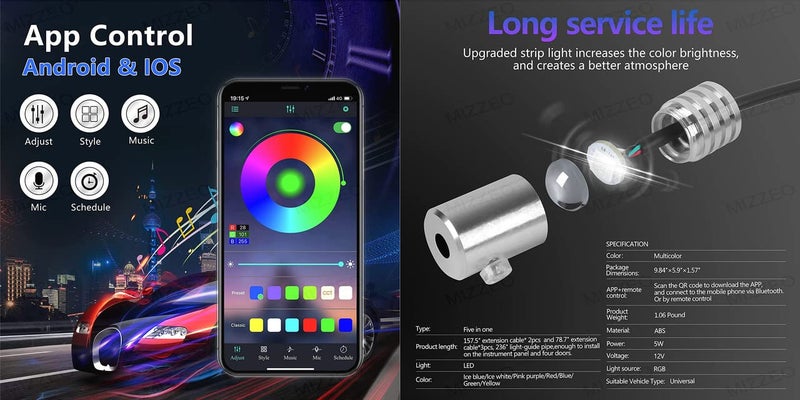 MIZZEO Interior Car LED Strip Lights with APP access and Remote Control, RGB 5 in 1 Lighting Kits with 16 Million Color and Sync to Music Compatible with Hyundai i-20 Elite (Type-I) 2014-2018 - Image 5