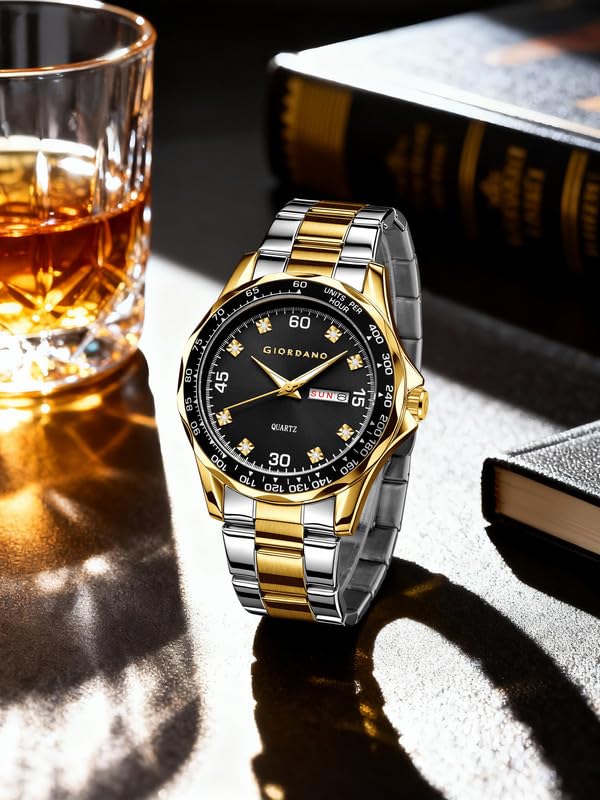 Giordano Two-Tone Analog Watch for Men - Crystal Hour Markers, Textured Bezel Design, Day & Date Display, Stainless Steel Strap, Quartz Movement - GZ-50177-11 - Image 5