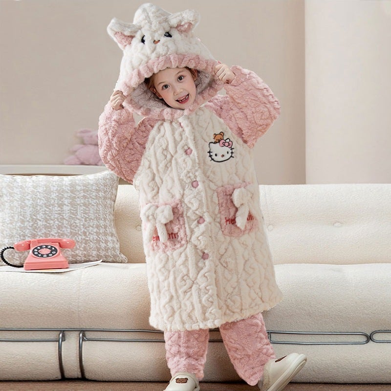 Children'S Pajamas Thick Coral Fleece Three-Layer Quilted Winter Flannel Long Girls' Nightgown Bathrobe - Image 1