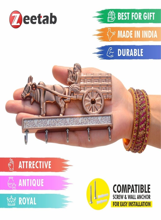 Zeetab Metal Bailgadi Key Holder, Handicraft Bullock Cart Key Stand and Hanger with 5 Hook (Rose Gold) - Image 2