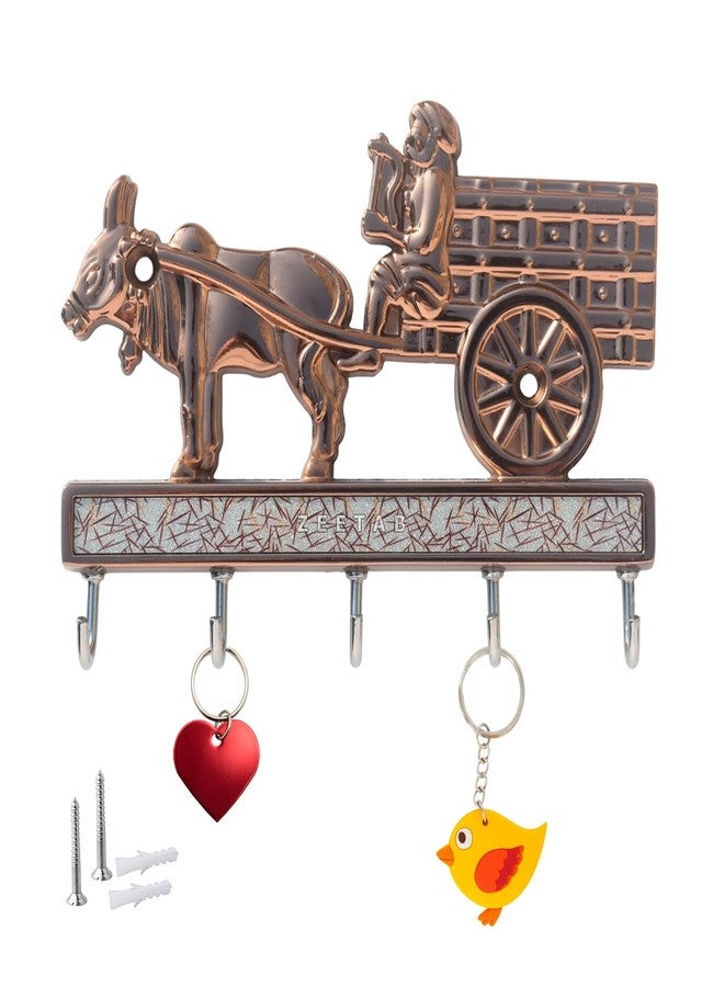 Zeetab Metal Bailgadi Key Holder, Handicraft Bullock Cart Key Stand and Hanger with 5 Hook (Rose Gold) - Image 1