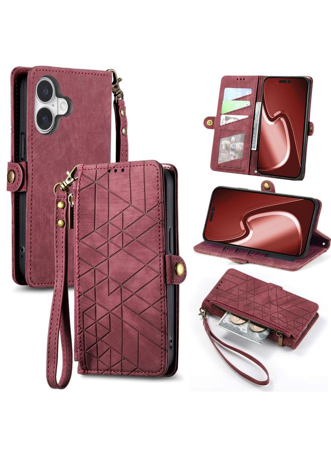 اس-توب جراب هاتف iPhone 16 بتصميم هندسي وسحاب ومشبك جانبي من الجلد - Image 1