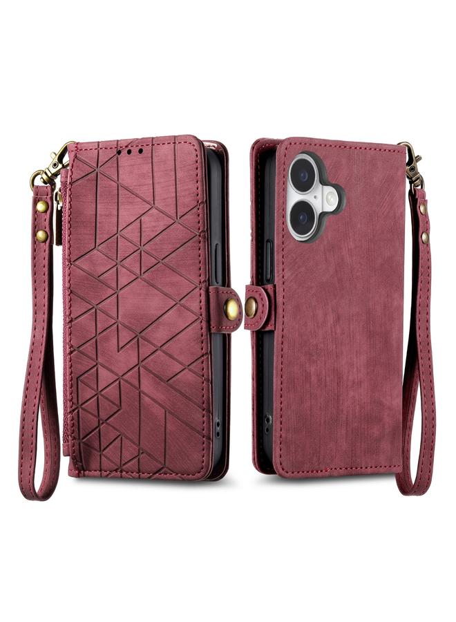 اس-توب جراب هاتف iPhone 16 بتصميم هندسي وسحاب ومشبك جانبي من الجلد - Image 2