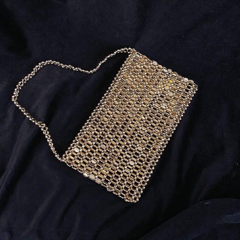 Vintage Shiny Metal Hand-Woven String Pearl Flap Cutout Large Capacity Tote Banquet Underarm Clutch - Image 5