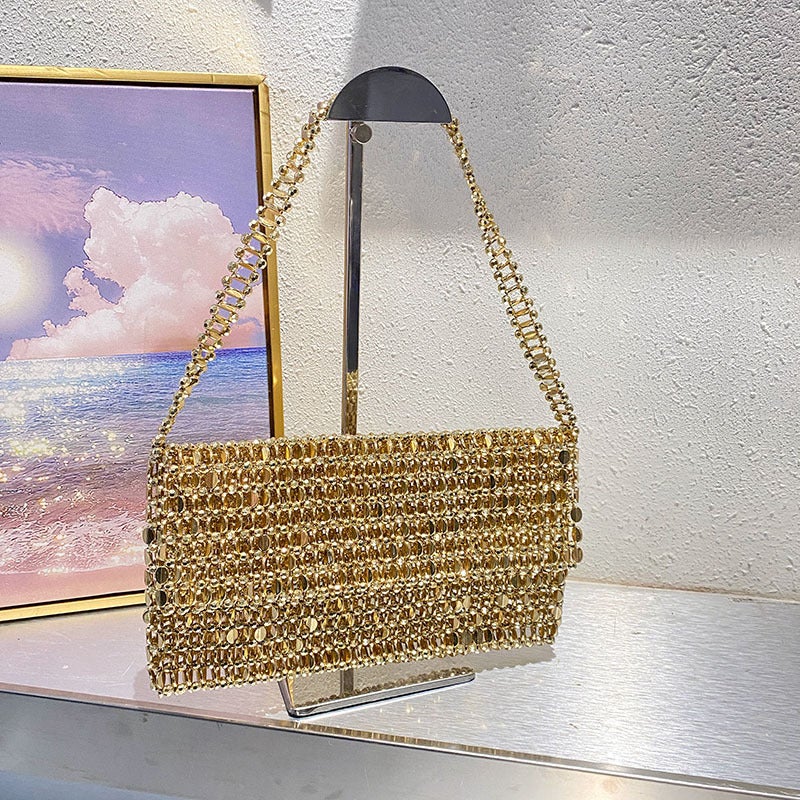 Vintage Shiny Metal Hand-Woven String Pearl Flap Cutout Large Capacity Tote Banquet Underarm Clutch - Image 4