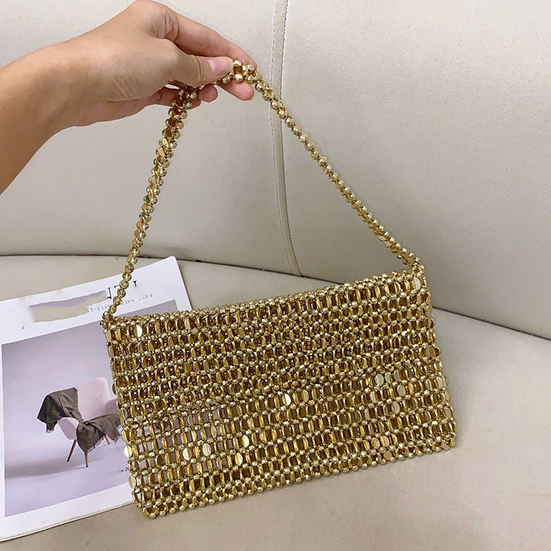 Vintage Shiny Metal Hand-Woven String Pearl Flap Cutout Large Capacity Tote Banquet Underarm Clutch - Image 3