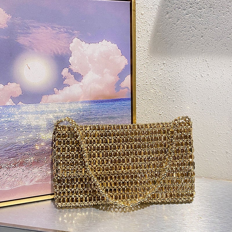 Vintage Shiny Metal Hand-Woven String Pearl Flap Cutout Large Capacity Tote Banquet Underarm Clutch - Image 1