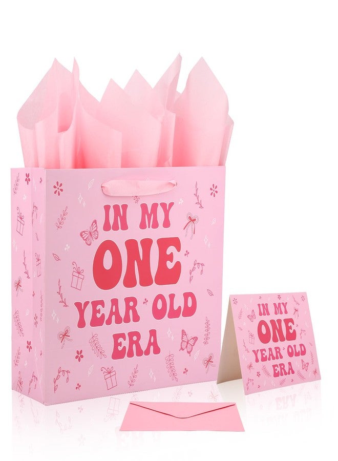 Fukaisu 1st Birthday Gift Bag for Baby Girl, Pink In My One Year Old Era Gift Bag with Pear Wrap Paper Envelope & Greeting Card for Baby Shower First Birthday Party Supplies - Image 1