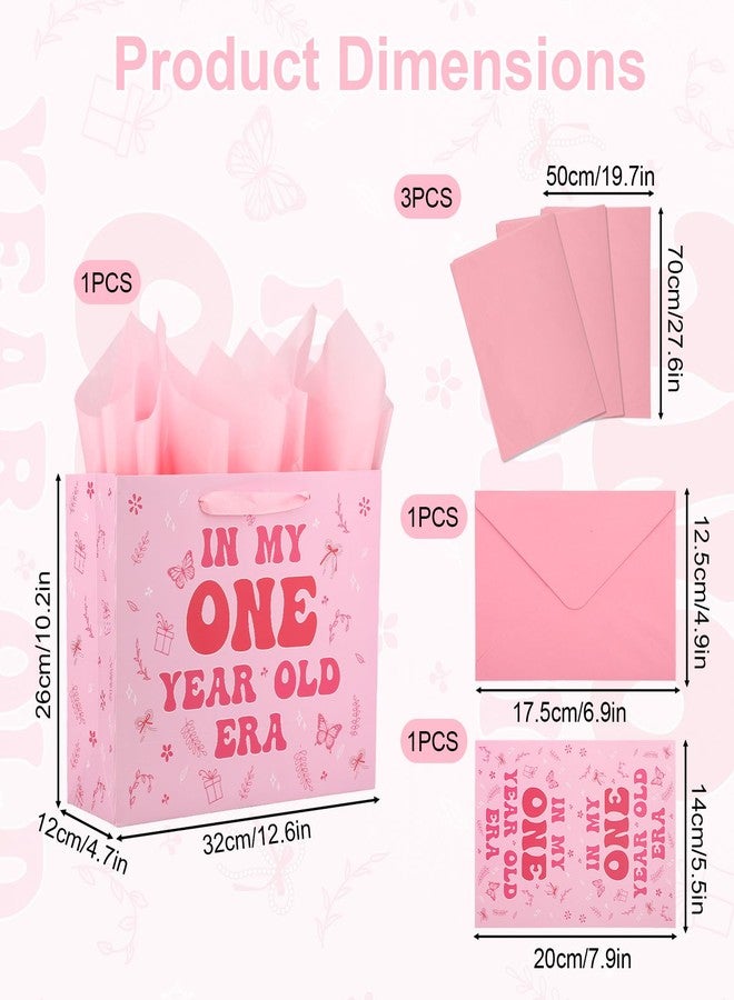 Fukaisu 1st Birthday Gift Bag for Baby Girl, Pink In My One Year Old Era Gift Bag with Pear Wrap Paper Envelope & Greeting Card for Baby Shower First Birthday Party Supplies - Image 2
