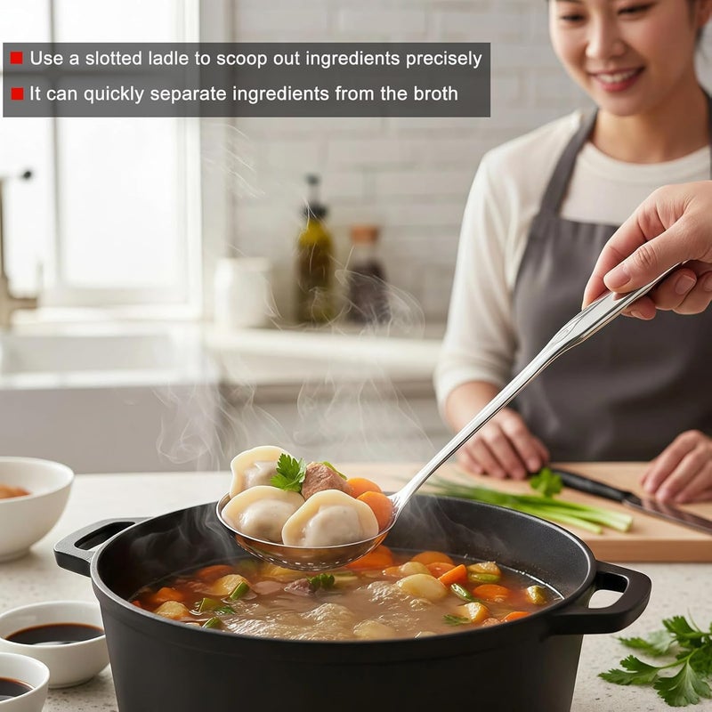 Hvanam Soup Ladle 18/10 Stainless Steel and Slotted Spoons with Holes 2 Pack Set,316 Metal Heavy Duty Deep Spoon Gravy Punch Ladles for Serving Soup,Gravy,Draining,Kitchen Cooking,Hot Pot(11.8inchs) - Image 4