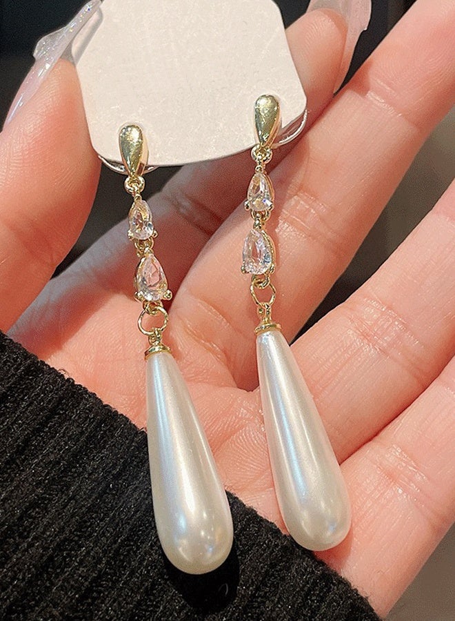 Gold Plated Water Drop Pearl Dangle Earrings for Women - Zircon Inlaid Elegant Long Ladies Drop Earrings - Image 1