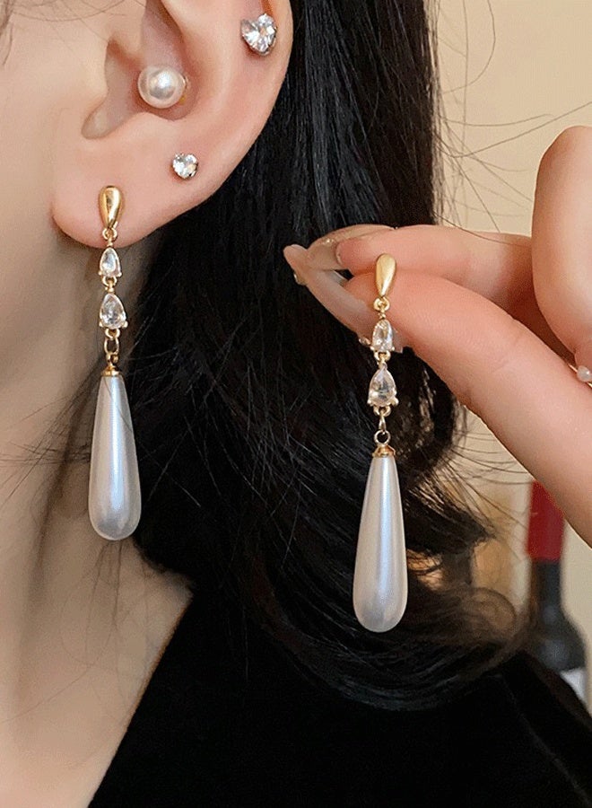 Gold Plated Water Drop Pearl Dangle Earrings for Women - Zircon Inlaid Elegant Long Ladies Drop Earrings - Image 2