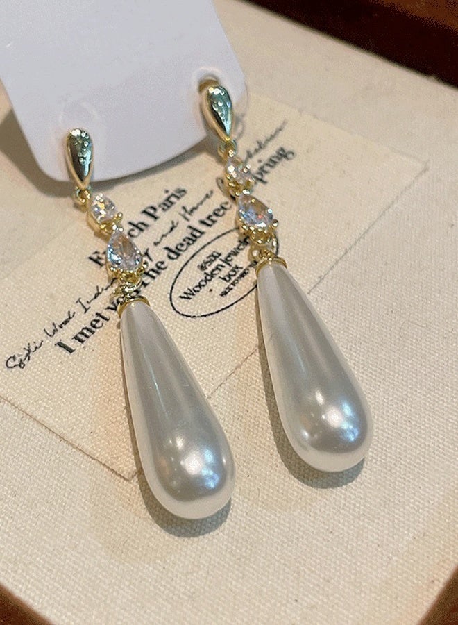 Gold Plated Water Drop Pearl Dangle Earrings for Women - Zircon Inlaid Elegant Long Ladies Drop Earrings - Image 5