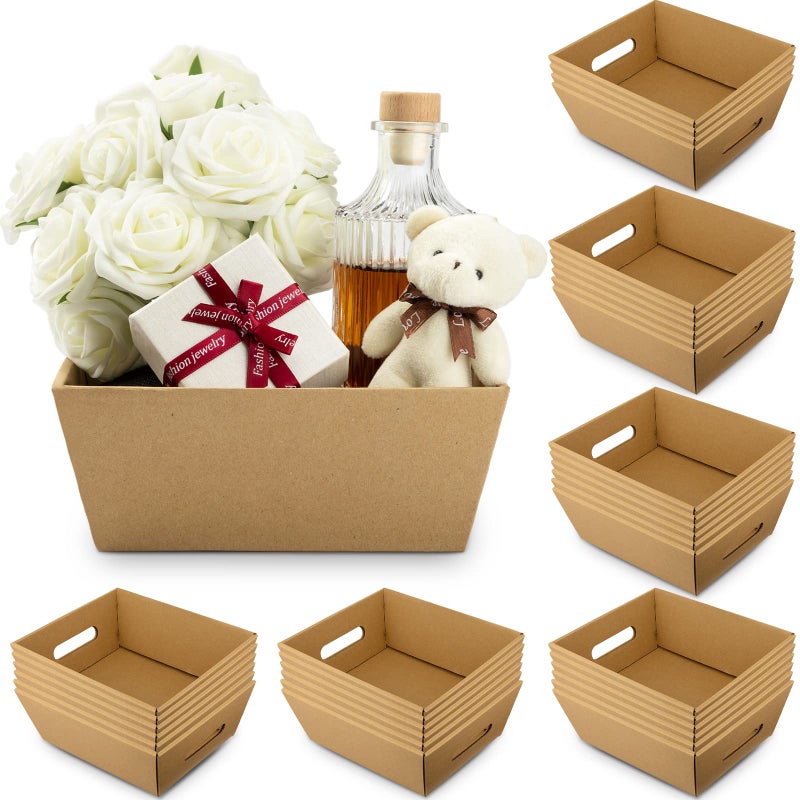 Fainne 34 Pcs Basket for Gift Empty Bulk 8 x 6 Inch Basket Sturdy Cardboard Trays with Handles Small Market Tray for Christmas Wedding Thanksgiving Holiday Birthday Party Decoration