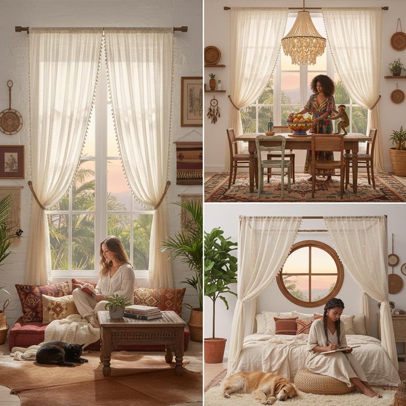 WAZZIO Boho Lace Curtains 84 inch Curtains 2 Panel,Rod Pocket Vintage Bohemian Farmhouse Crochet Cotton Geometry Privacy Sheer Curtain Drapes Farmhouse for Living Room Bedroom,Beige - Image 3