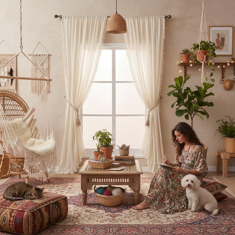 WAZZIO Boho Lace Curtains 84 inch Curtains 2 Panel,Rod Pocket Vintage Bohemian Farmhouse Crochet Cotton Geometry Privacy Sheer Curtain Drapes Farmhouse for Living Room Bedroom,Beige - Image 2