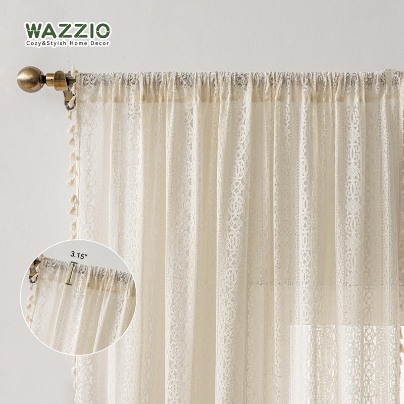 WAZZIO Boho Lace Curtains 84 inch Curtains 2 Panel,Rod Pocket Vintage Bohemian Farmhouse Crochet Cotton Geometry Privacy Sheer Curtain Drapes Farmhouse for Living Room Bedroom,Beige - Image 4