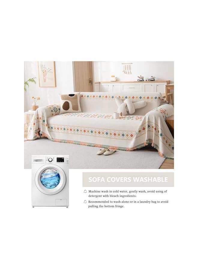 The Bros 1 Pcs Chenille Jacquard Couch Cover Cream White Sofa Covers Pet Couch Protector for 3 Cushion Couch Sofa Reversible Boho Sofa Slipcover Dogs Sectional Couch Covers for L Shape Couch, 71"x134" - Image 5