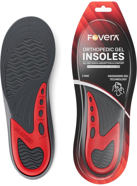 Dual Gel Insoles Pair for Walking, Running, Sports, Formal and Safety Shoes, All Day Comfort with Dual Gel Technology, Full Length Sole for Every Shoe (Red (1 pair pack), MALE)