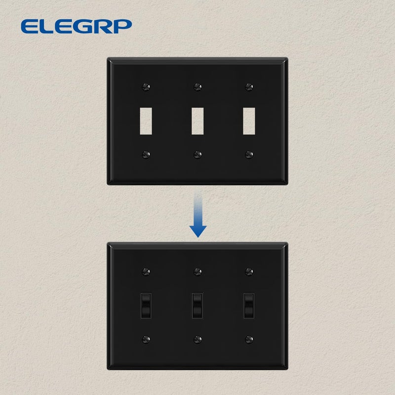 ELEGRP لوحات حائط مفاتيح تبديل ثلاثية من Elegrp، مقاس قياسي 4.53 بوصة ارتفاع × 6.39 بوصة طول، غطاء لوحة أمامية من البلاستيك الحراري لمفاتيح إضاءة التعتيم، مدرجة في قائمة UL (عبوة واحدة، أسود لامع) - Image 5