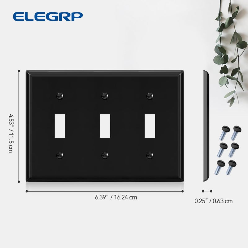 ELEGRP لوحات حائط مفاتيح تبديل ثلاثية من Elegrp، مقاس قياسي 4.53 بوصة ارتفاع × 6.39 بوصة طول، غطاء لوحة أمامية من البلاستيك الحراري لمفاتيح إضاءة التعتيم، مدرجة في قائمة UL (عبوة واحدة، أسود لامع) - Image 4
