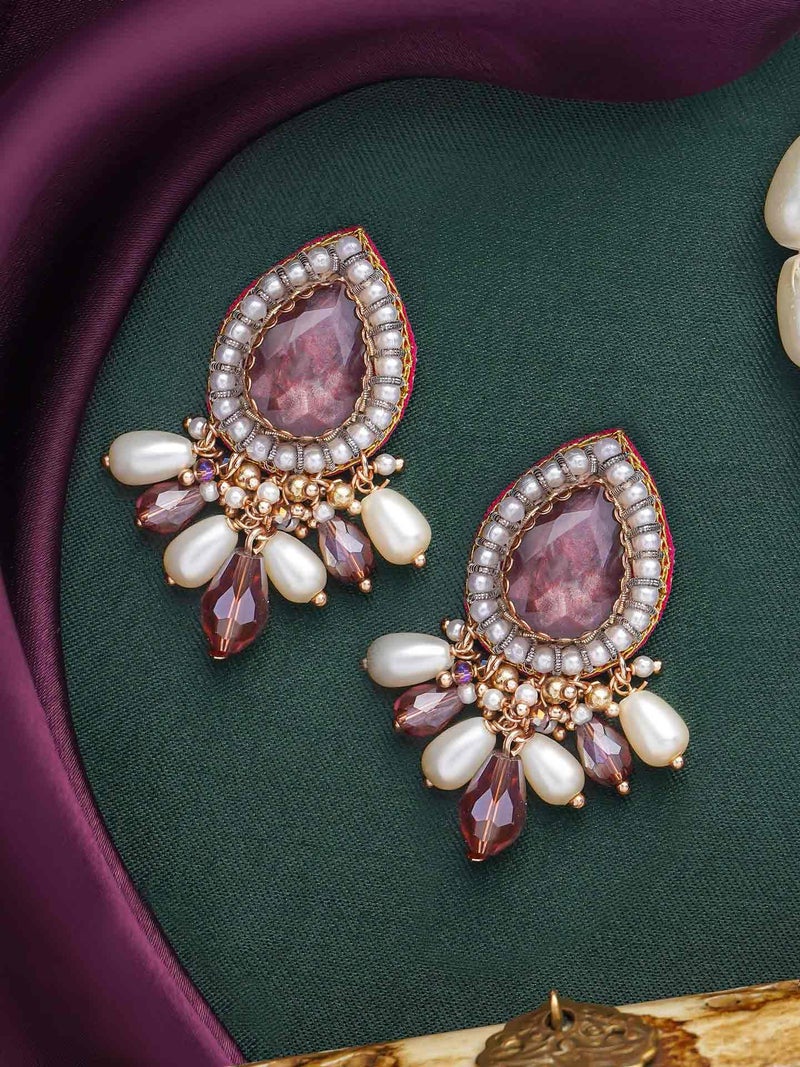 SANJOYA by EVERSTYLISH Embroidered Earrings for Women | Rosy Stone, Beads & Glass Drop Stud Earrings | Ethnic Jewelry for Weddings, Festivals & Special Occasions - Image 2