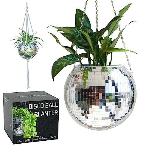 SCANDINORDICA Disco Ball Planter Value Package Mirror Disco Planter with Chain Macrame Hanger and Acrylic Stand for Desk Includes Self Watering Insert Eclectic Home Decor 10 inch Silver