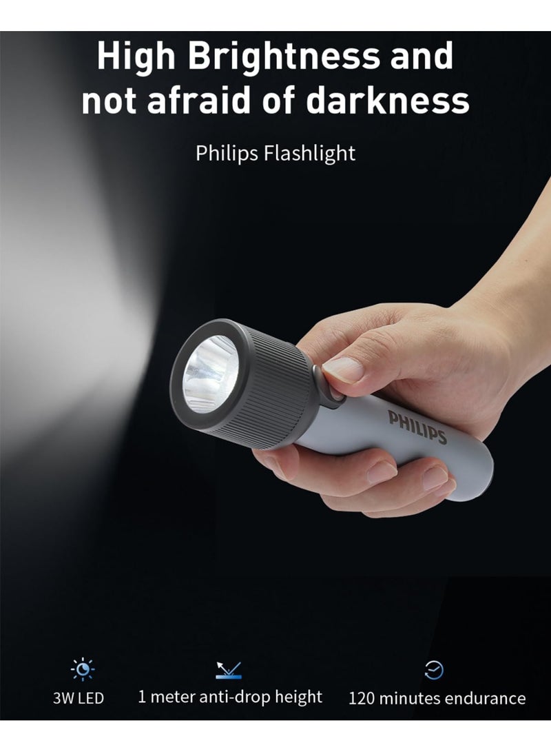 Philips Handheld Rechargeable Torch Light | 400 Lumens LED Flashlight | 2000 mAh Battery | 3 Lighting Modes (Full, Low, Infinite Dimming) | Type-C Charging | IP44 Splash-Proof | Portable Flash Light for Home, Camping, Hiking & Emergency Use grey - Image 2