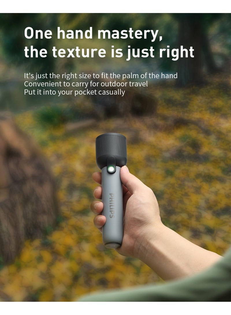 Philips Handheld Rechargeable Torch Light | 400 Lumens LED Flashlight | 2000 mAh Battery | 3 Lighting Modes (Full, Low, Infinite Dimming) | Type-C Charging | IP44 Splash-Proof | Portable Flash Light for Home, Camping, Hiking & Emergency Use grey - Image 4