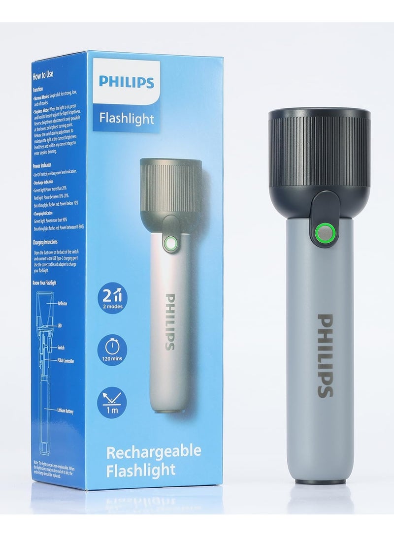 Philips Handheld Rechargeable Torch Light | 400 Lumens LED Flashlight | 2000 mAh Battery | 3 Lighting Modes (Full, Low, Infinite Dimming) | Type-C Charging | IP44 Splash-Proof | Portable Flash Light for Home, Camping, Hiking & Emergency Use grey - Image 1