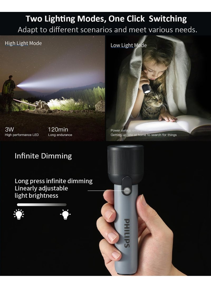 Philips Handheld Rechargeable Torch Light | 400 Lumens LED Flashlight | 2000 mAh Battery | 3 Lighting Modes (Full, Low, Infinite Dimming) | Type-C Charging | IP44 Splash-Proof | Portable Flash Light for Home, Camping, Hiking & Emergency Use grey - Image 3