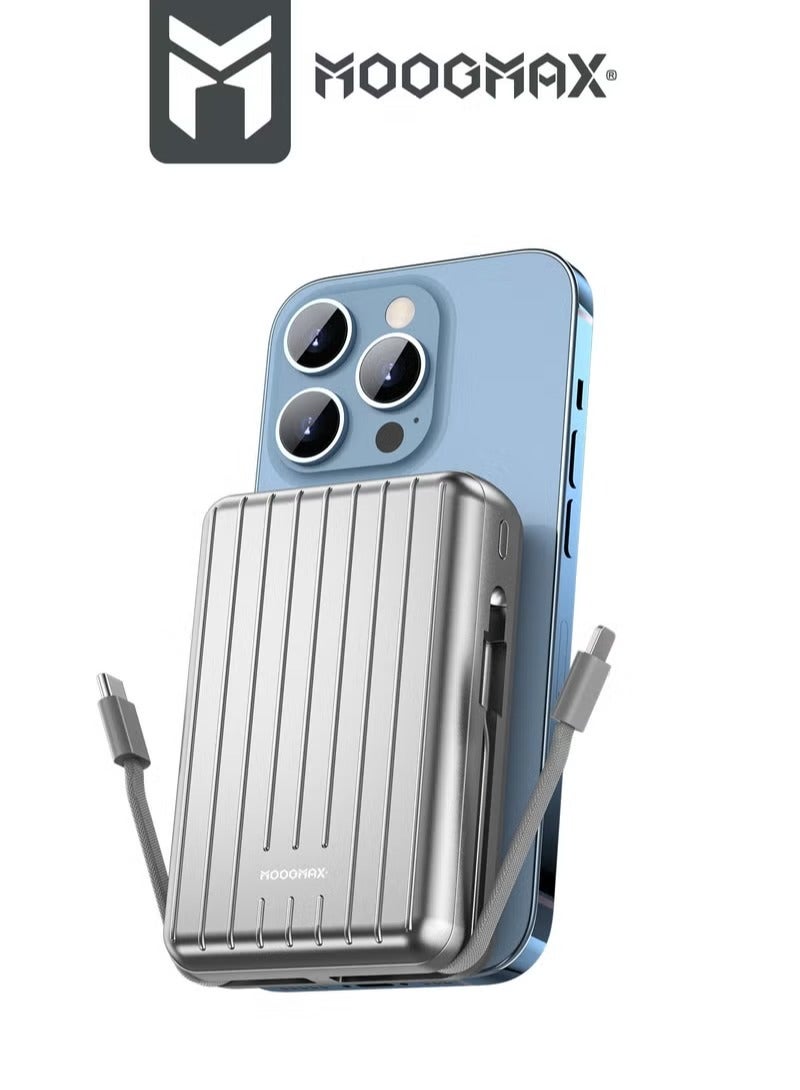 MOOGMAX Magnetic Wireless Power Bank from Trunk Series, 20,000mAh, 22.5W Fast Charging, Dual Built-in Cables, 15W Wireless Charging, 3 External Ports (Type-C, Type-A, Lightning) - Silver. Portable Charger, Type-C Charger, Wireless Charger, Power Bank, Wireless Power Bank, Small Power Bank, Powerful Power Bank, Joy Power Bank.  - Image 3