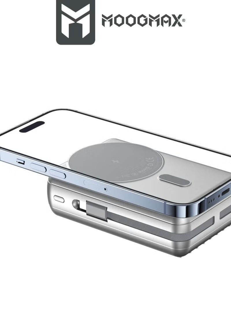 MOOGMAX Magnetic Wireless Power Bank from Trunk Series, 20,000mAh, 22.5W Fast Charging, Dual Built-in Cables, 15W Wireless Charging, 3 External Ports (Type-C, Type-A, Lightning) - Silver. Portable Charger, Type-C Charger, Wireless Charger, Power Bank, Wireless Power Bank, Small Power Bank, Powerful Power Bank, Joy Power Bank.  - Image 4