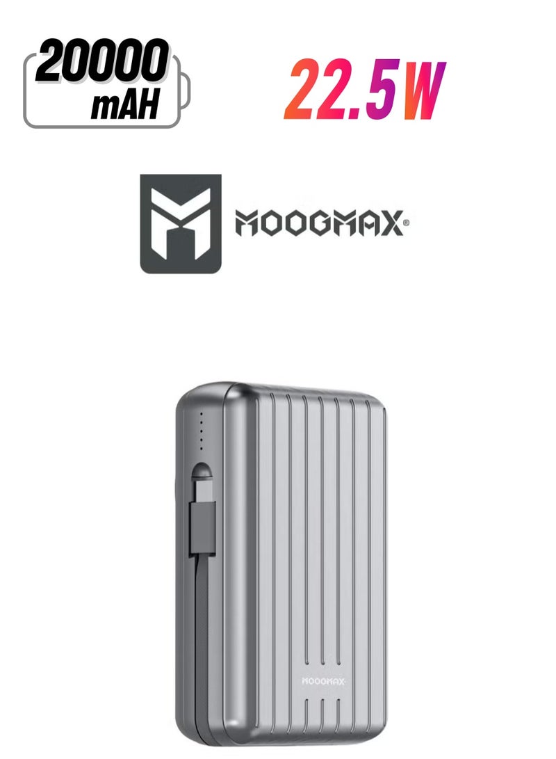 MOOGMAX Magnetic Wireless Power Bank from Trunk Series, 20,000mAh, 22.5W Fast Charging, Dual Built-in Cables, 15W Wireless Charging, 3 External Ports (Type-C, Type-A, Lightning) - Silver. Portable Charger, Type-C Charger, Wireless Charger, Power Bank, Wireless Power Bank, Small Power Bank, Powerful Power Bank, Joy Power Bank.  - Image 1