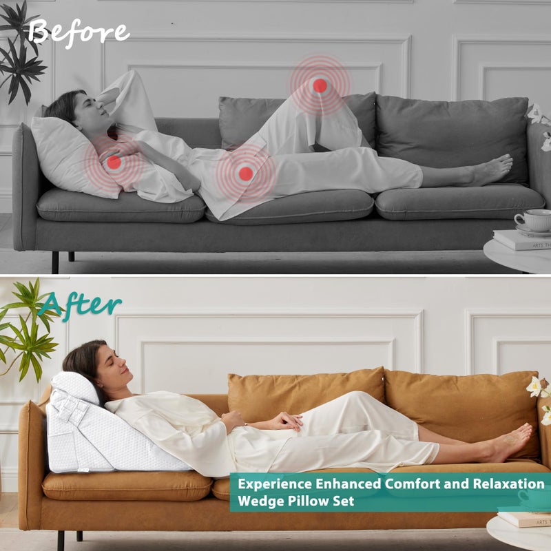 Bedluxe 3Pcs Orthopedic Bed Wedge Pillow Set, Foam Wedge Pillow Post Surgery for Back, Leg and Knee Support, Adjustable 9&12 Inch Folding Triangle Pillow for Sleeping, Acid Reflux, Snoring, White - Image 4