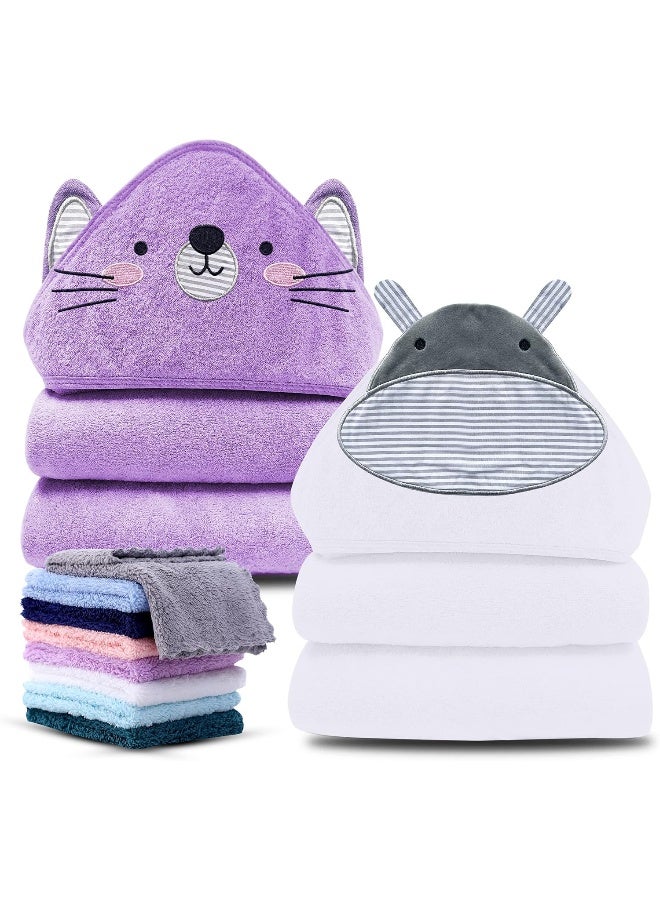 Cute Castle 2 Pack Hooded Baby Towel Rayon Made from Bamboo with 8 Washcloths - Soft Bath Towel for Bathtub for Babie, Newborn, Infant, Natural Baby Stuff Towel (Hippo and Cat) - Image 1