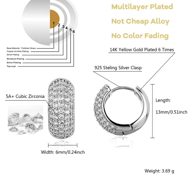TOPGRILLZ Diamond Gold Hoop Earrings 5A+ Cubic Zirconia 14K Gold Small Chunky Thick Cartilage Hoop Huggie Earrings For Men Women-Silver - Image 2