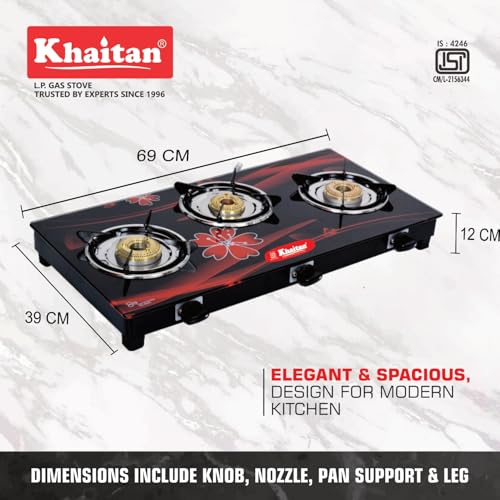 Khaitan 3 Burner Active Red with Brass Burners, Digital Toughened Glass, LPG Cooktop, Manual Ignition, Gas Stove, 1 Year Warranty, ISI Approved - Image 4