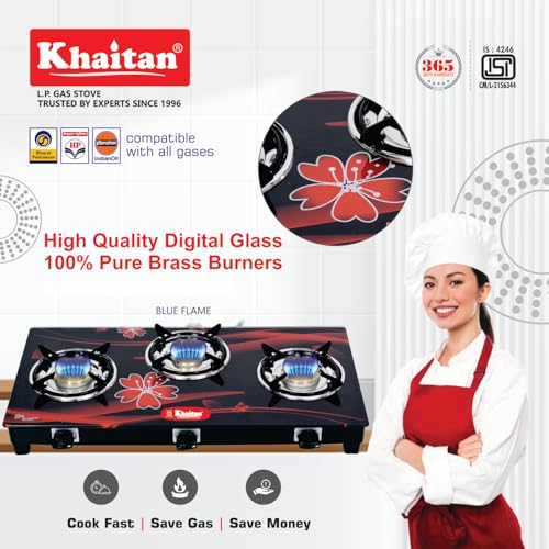 Khaitan 3 Burner Active Red with Brass Burners, Digital Toughened Glass, LPG Cooktop, Manual Ignition, Gas Stove, 1 Year Warranty, ISI Approved - Image 5