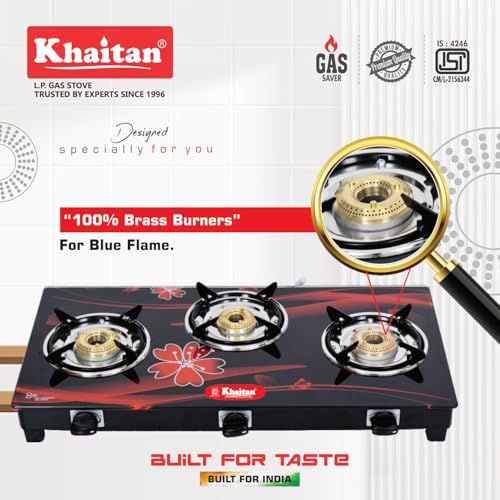 Khaitan 3 Burner Active Red with Brass Burners, Digital Toughened Glass, LPG Cooktop, Manual Ignition, Gas Stove, 1 Year Warranty, ISI Approved - Image 3