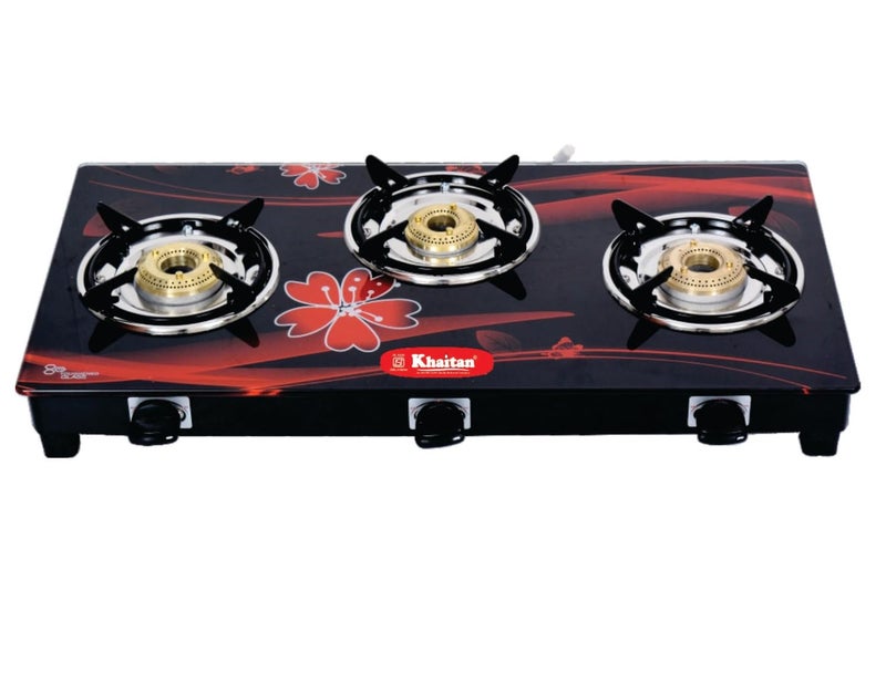 Khaitan 3 Burner Active Red with Brass Burners, Digital Toughened Glass, LPG Cooktop, Manual Ignition, Gas Stove, 1 Year Warranty, ISI Approved - Image 1
