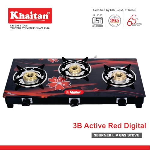 Khaitan 3 Burner Active Red with Brass Burners, Digital Toughened Glass, LPG Cooktop, Manual Ignition, Gas Stove, 1 Year Warranty, ISI Approved - Image 2