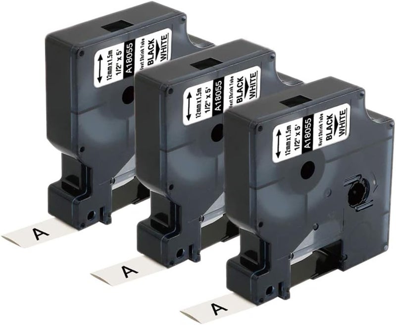 AONOMI Rhino 5200 Heat Shrink Labels 1/2" Replace for DYMO 18055 Heat Shrink Tube A18055 Tape 12mm Compatible with DYMO Rhino 4200 5200 5000 6000 Industrial Label Maker, Black on White,3-Pack - Image 1