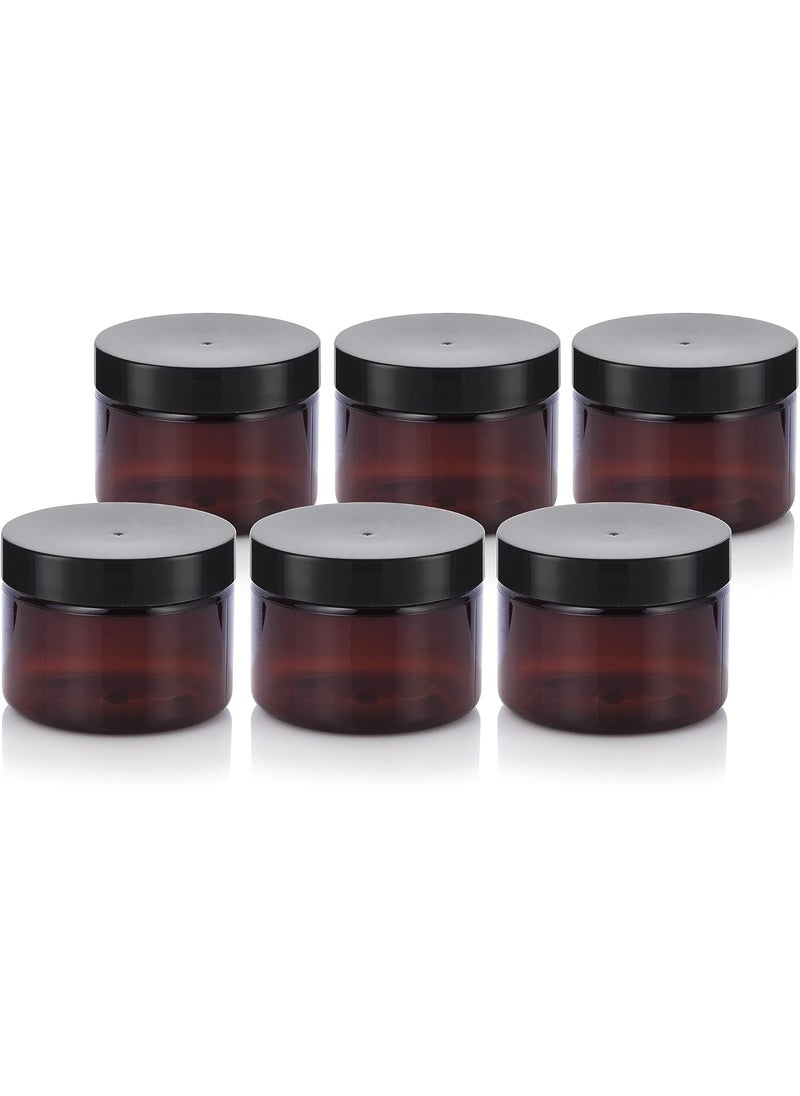 JUVITUS 3 oz Amber PET Plastic Refillable Jar with Black Smooth Lid (6 pack) 